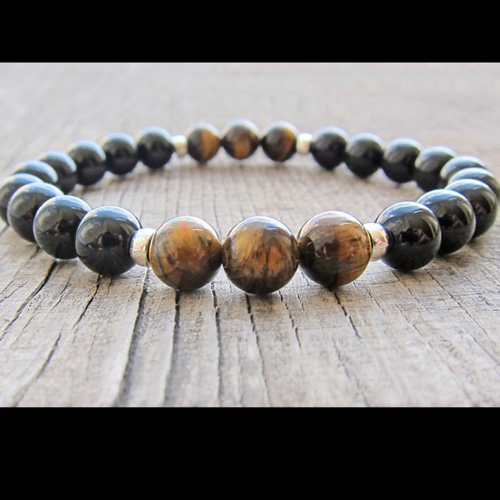 Mens Tiger Eye & Onyx 925 Sterling Beaded Bracelet
